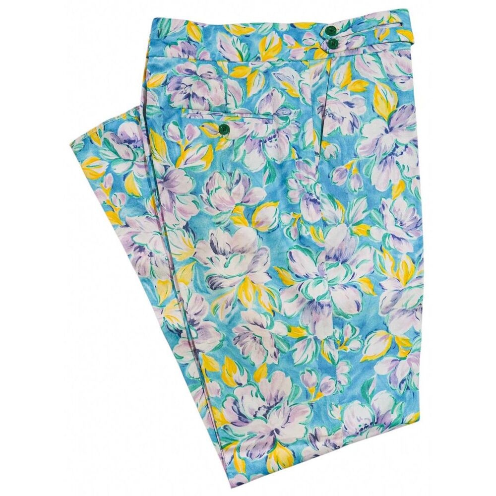 Mens Gurkha Pants 38 Blue Purple Yellow Floral Straight Fit Flat Front Trousers